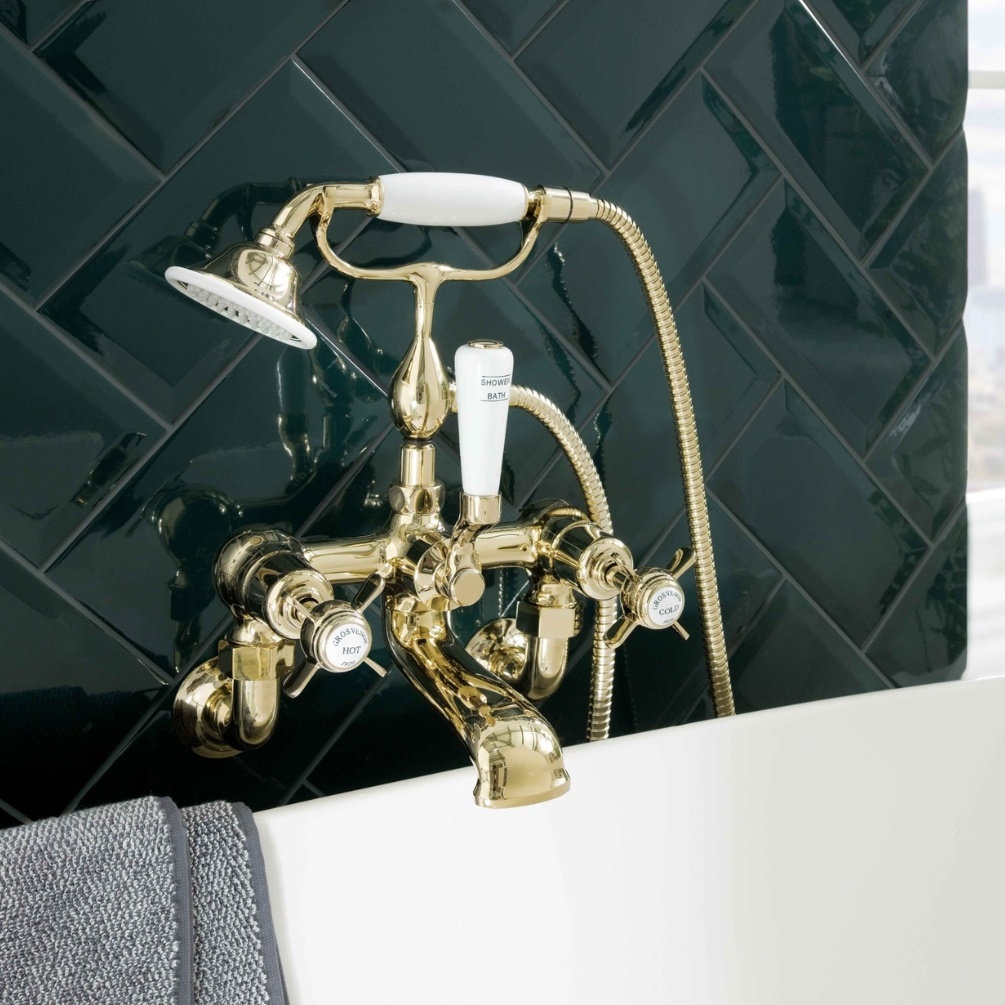JTP Grosvenor Pinch Polished Gold Wall Mounted Bath Shower Mixer Lifestyle